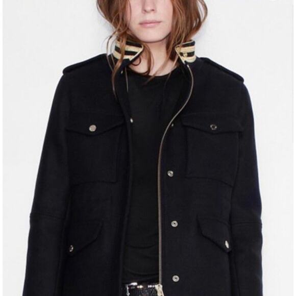 Zadig & Voltaire Wool Jacket Navy Gold Stand Collar Flap Pocket Zip Up Bomber SM - Picture 2 of 16